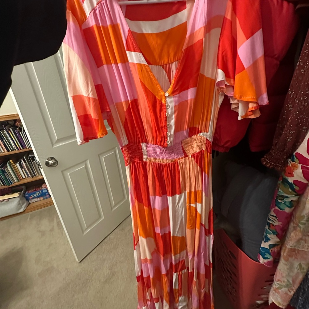 Colorblock Pink & Orange Button-Front Maxi Dress